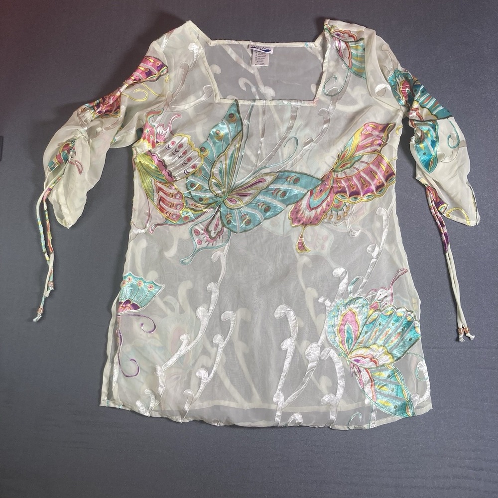 VTG Surface Y2K Butterfly Sheer Blouse Top Burnout Fairycore Tunic Resort Beach